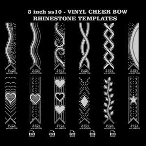 Könnte beinhalten: Eine Sammlung von 12 digitalen Strass-Vorlagen für 3-Zoll-Cheerleader-Schleifen auf schwarzem Hintergrund. Jedes weiße Grafikdesign zeigt verschiedene Muster, darunter Wellen, Schnörkel, Herzen, Ranken und Sterne, mit spezifischen Maßen in Zoll.