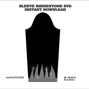 Può includere: Un modello di manica nero con un motivo in strass sul polsino. Il testo recita: SLEEVE RHINESTONE SVG INSTANT DOWNLOAD. Le specifiche includono ss10 (1215 PCS) e dimensioni di W: 10,22 in, H: 6,10 in. Il design mostra cinque forme triangolari.