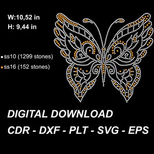 Butterfly rhinestone pattern. Butterfly pattern with ss10 and ss16 stones. SVG - DXF - PLT... digital download.