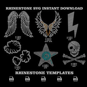 Rhinestone Wings Skull Lightning Bolt SVG, 6 Pack Element Hotfix Template Bundle