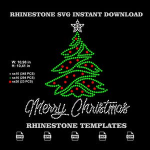 May include: A digital rhinestone template design featuring a green Christmas tree with red ornaments and a white star topper. Text reads RHINESTONE SVG INSTANT DOWNLOAD, Merry Christmas, and RHINESTONE TEMPLATES. Dimensions are 10.98 in by 10.41 in.