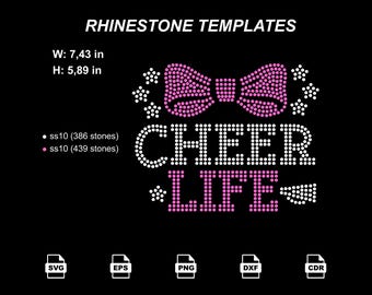 Cheer Life Rhinestone Template SVG | Cheer Bow Design | SS10 Hotfix Cheerleading Pattern | Digital Download