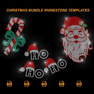 May include: Christmas rhinestone template bundle with a candy cane, Santa Claus face, and "HO HO HO" designs. The designs are made of red, white, and green rhinestones, with sparkling accents on a black background. The text "CHRISTMAS BUNDLE RHINESTONE TEMPLATES" is at the top.