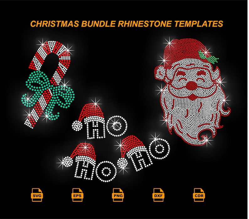 May include: Christmas rhinestone template bundle with a candy cane, Santa Claus face, and "HO HO HO" designs. The designs are made of red, white, and green rhinestones, with sparkling accents on a black background. The text "CHRISTMAS BUNDLE RHINESTONE TEMPLATES" is at the top.