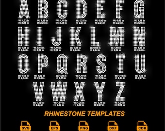 May include: A black background displays the alphabet, each letter composed of sparkling rhinestones. Measurements are provided for each letter's width and height in inches. The phrase "RHINESTONE TEMPLATES" appears below, along with file type icons.