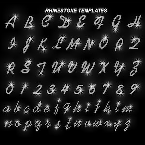 May include: A black background displays a collection of rhinestone templates. The image features uppercase and lowercase letters, along with numbers, all crafted from sparkling rhinestones. The text "RHINESTONE TEMPLATES" is at the top.