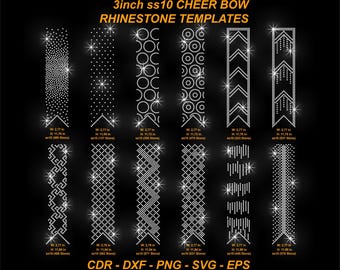 May include: A black graphic featuring rhinestone templates for cheer bows. The templates include various designs, such as dots, circles, chevrons, and geometric patterns. Each design is approximately 2.77 inches wide and 11.78 inches high.