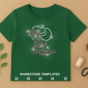 May include: A green t-shirt featuring a rhinestone design of a cowboy boot, hat, and rose. The text "RHINESTONE TEMPLATES" is printed at the bottom. Additional items include scissors, a spool of thread, and a small bowl of beads.