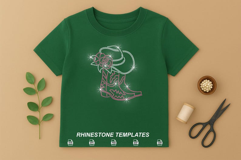 May include: A green t-shirt featuring a rhinestone design of a cowboy boot, hat, and rose. The text "RHINESTONE TEMPLATES" is printed at the bottom. Additional items include scissors, a spool of thread, and a small bowl of beads.