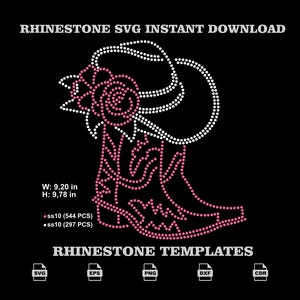 Rhinestone Cowboy Boot Hat SVG, Western Country Concert Rose Apparel Template Pack