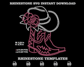 Rhinestone Cowboy Boot Hat SVG, Western Country Concert Rose Apparel Template Pack