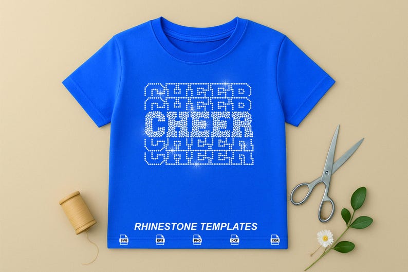 May include: A bright blue short-sleeved t-shirt featuring a central graphic of the word CHEER repeated in a stacked, rhinestone-style pattern. The text RHINESTONE TEMPLATES appears at the bottom with five small file format icons below it.