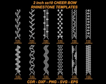 Può includere: Sfondo nero con diversi modelli di strass per fiocchi da cheerleader. I modelli includono linee ondulate, gocce e motivi geometrici. Ogni modello misura circa 5 cm di larghezza e mostra il numero di pietre.