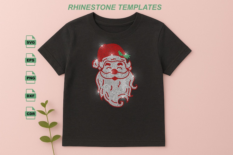 May include: Black t-shirt featuring a rhinestone design of Santa Claus. The Santa design includes a red hat, white beard, and a smiling face. The shirt is a festive item for the holiday season.