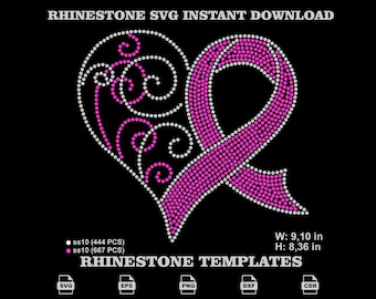 May include: A rhinestone template design featuring a heart shape integrated with a awareness ribbon, composed of pink and white stones. Text reads RHINESTONE SVG INSTANT DOWNLOAD, RHINESTONE TEMPLATES, and dimensions of 9.10 in by 8.36 in.