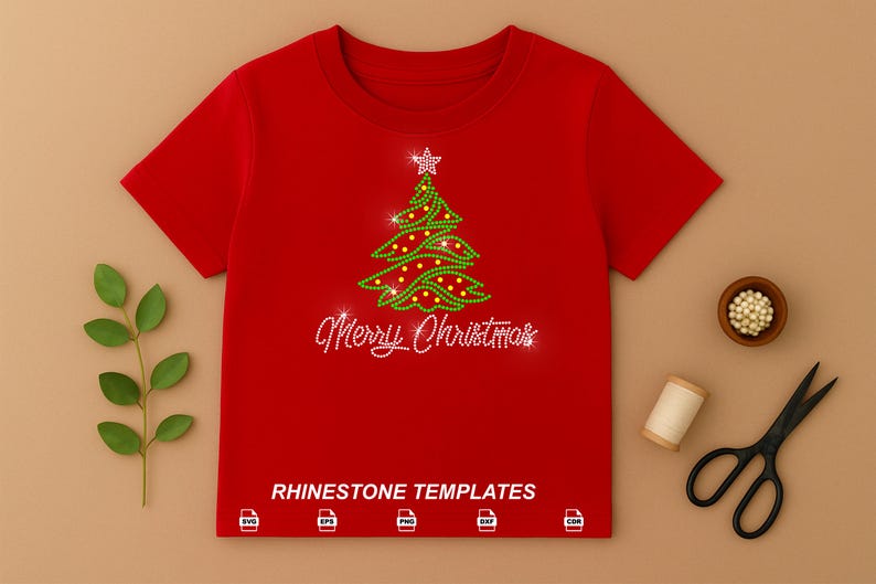 May include: A bright red short-sleeved t-shirt featuring a green and yellow rhinestone Christmas tree graphic with a star topper and the text Merry Christmas in white rhinestones. The bottom includes the text RHINESTONE TEMPLATES.
