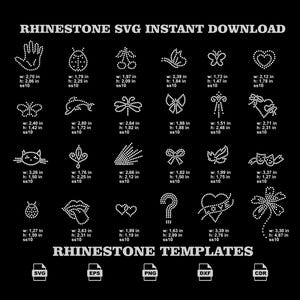 May include: A collection of white rhinestone templates on a black background, featuring various shapes like hearts, butterflies, and animals. Each design includes specific width and height measurements in inches and the ss10 stone size specification.