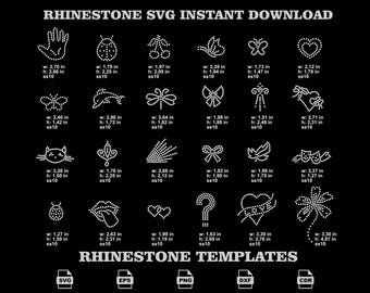 May include: A collection of white rhinestone templates on a black background, featuring various shapes like hearts, butterflies, and animals. Each design includes specific width and height measurements in inches and the ss10 stone size specification.