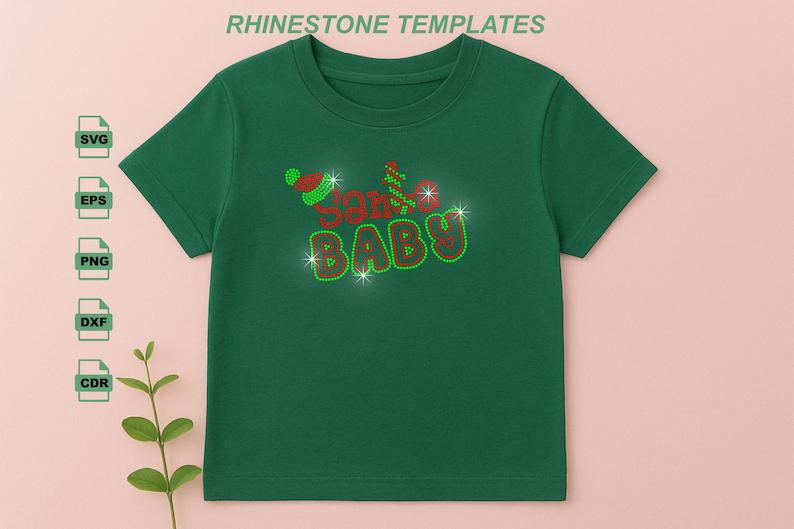 May include: Green t-shirt with the text "Santa Baby" in red and green rhinestones. The design includes a Santa hat and sparkling accents. The shirt is a festive apparel item, perfect for the holiday season.