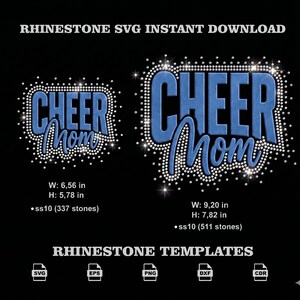 Könnte beinhalten: Zwei Strassvorlagen mit dem Text "CHEER Mom" in Blau, umrandet von glitzernden Strasssteinen. Das größere Design ist 23,37 cm breit und 19,86 cm hoch. Das kleinere Design ist 16,66 cm breit und 14,68 cm hoch. Das Bild ist auf schwarzem Hintergrund.