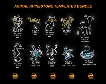 Ensemble de strass animaux SVG, ensemble de modèles animaux Bling, Hotfix SS6 SS10 SS16 DXF PNG
