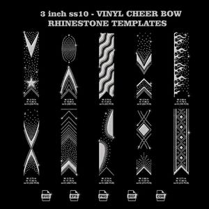 May include: A collection of 3 inch ss10 vinyl cheer bow rhinestone templates featuring ten distinct geometric and flame patterns. Each design includes specific width and height measurements in inches and stone counts, with file formats SVG, EPS, PNG, DXF, and CDR listed at the bottom.