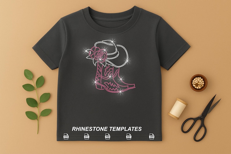May include: A dark gray t-shirt featuring a rhinestone design of a cowboy hat and boot. The boot and hat are outlined in white rhinestones with pink accents. The text "RHINESTONE TEMPLATES" is printed at the bottom.