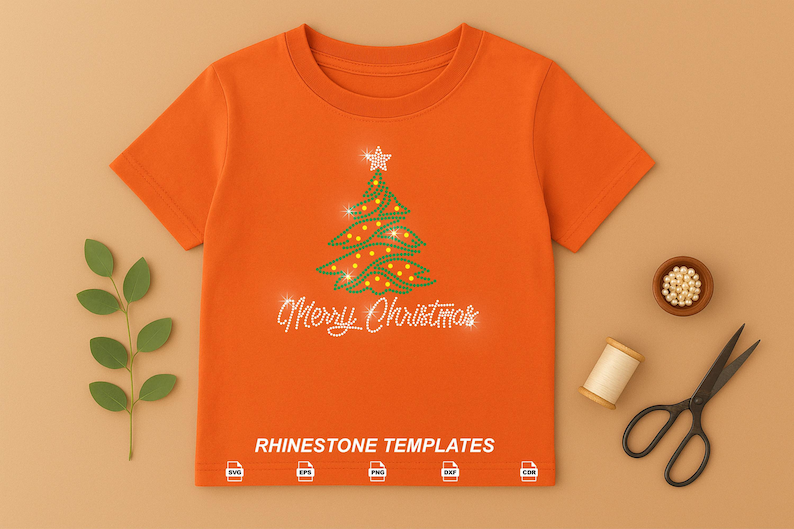 May include: An orange short-sleeved t-shirt featuring a rhinestone Christmas tree graphic with a star topper and the text Merry Christmas. The bottom includes the text RHINESTONE TEMPLATES and five file format icons.