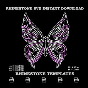 May include: A digital rhinestone butterfly design on a black background with the text RHINESTONE SVG INSTANT DOWNLOAD and RHINESTONE TEMPLATES. The butterfly is composed of white and pink dots. Dimensions are 9.55 inches wide by 11.20 inches high.