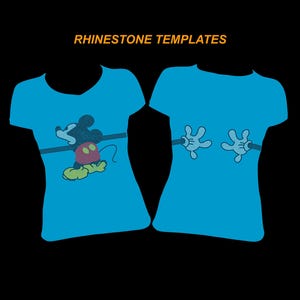 May include: Two blue t-shirt templates with cartoon designs. One features Mickey Mouse with a red and yellow color scheme, and the other has two cartoon hands. The text "RHINESTONE TEMPLATES" is in orange at the top.