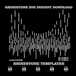 May include: A digital graphic design for a rhinestone template featuring a white vertical bar sound wave pattern on a black background. Text includes RHINESTONE SVG INSTANT DOWNLOAD, ss10 (1144 PCS), W: 13.88 in H: 11.23 in, RHINESTONE TEMPLATES, and file icons SVG, EPS, PNG, DXF, CDR.