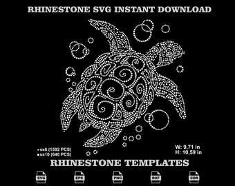 May include: A white rhinestone sea turtle design on a black background with bubbles. Text reads RHINESTONE SVG INSTANT DOWNLOAD and RHINESTONE TEMPLATES. Dimensions are 9.71 in by 10.59 in. Includes ss6 1592 PCS and ss10 640 PCS specifications.