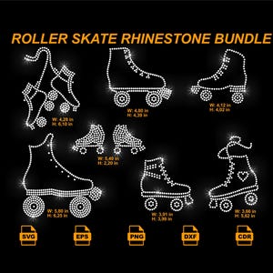 Può includere: Su sfondo nero, un'immagine presenta un "ROLLER SKATE RHINESTONE BUNDLE". L'immagine include disegni di pattini a rotelle in strass con dimensioni in pollici. I tipi di file includono SVG, EPS, PNG, DXF e CDR.