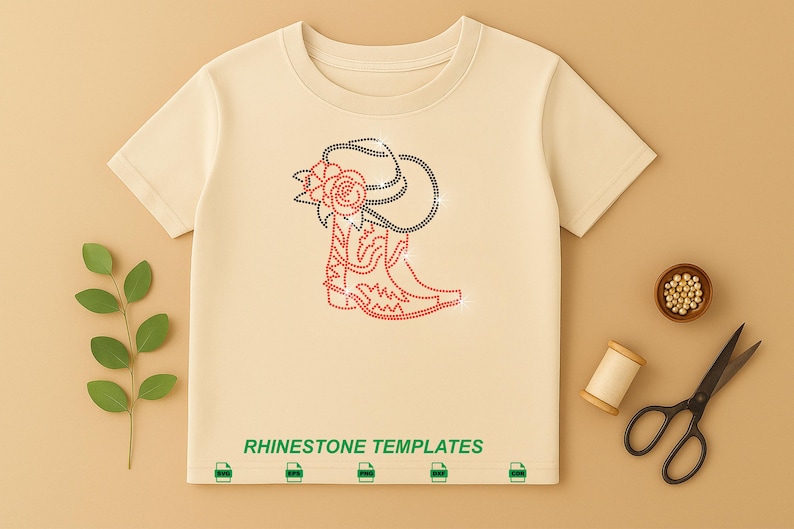 May include: Cream-colored t-shirt featuring a rhinestone design of a cowboy hat, rose, and boot. The design is outlined in black and red rhinestones. The text "RHINESTONE TEMPLATES" is printed in green at the bottom of the shirt.