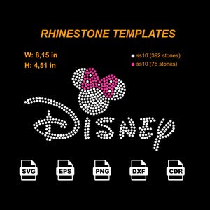 May include: Black graphic with the word "DISNEY" in white rhinestones, a pink and white rhinestone bow, and file type icons. The text "RHINESTONE TEMPLATES" is in orange. Dimensions are 8.15 inches wide and 4.51 inches high.
