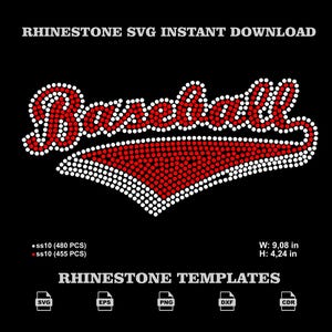 Può includere: Un design digitale per modello di strass con la parola Baseball in punti rossi e bianchi, con una forma di gagliardetto triangolare rosso e bianco sottostante. Il testo include RHINESTONE SVG INSTANT DOWNLOAD, RHINESTONE TEMPLATES e dimensioni di 23,06 cm per 10,77 cm.