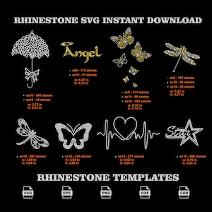 May include: A digital collection of rhinestone SVG templates featuring an umbrella, the word Angel, butterflies, dragonflies, a heart with a pulse line, and a star. Each design includes stone counts and dimensions in inches for various file formats.