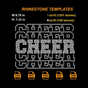May include: Black background with white rhinestone templates spelling "CHEER". The image includes the dimensions: width 24.84 cm, height 18.62 cm. It also lists the number of stones for ss10 and ss16. File types include SVG, EPS, PNG, DXF, and CDR.