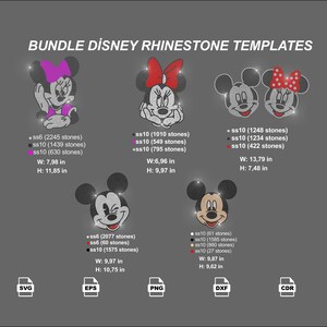 Puede incluir: Un paquete de plantillas de pedrería de Disney con diseños de Minnie y Mickey Mouse. La imagen incluye varios tamaños y recuentos de piedras, con dimensiones en pulgadas. Los diseños están disponibles en formatos SVG, EPS, PNG, DXF y CDR.