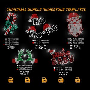May include: A black graphic featuring Christmas-themed rhinestone templates. Designs include a candy cane, Santa hats spelling "HO", a Santa face, a heart-shaped hand gesture, and the words "Santa Baby". Measurements are in inches.