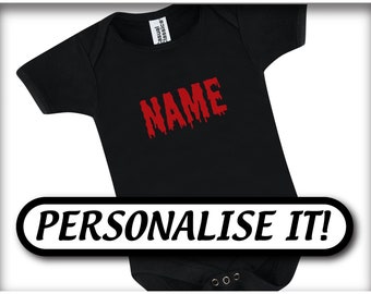 personalised Baby Black bodysuit with name (horror font) (alternative babygrow, cool baby vest)