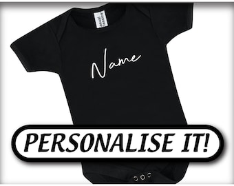 personalised Baby Black bodysuit with name (script) (alternative babygrow, cool baby vest)
