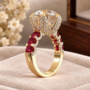 Luxury Gold Ruby Moissanite Ring, Large Center Stone Statement Ring, Diamond Garnet Zircon Cocktail Ring, Vintage Inspired Fine Jewelry Gift