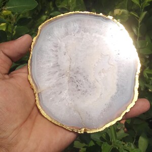 White Agate Coaster with Gold Edge: Marble Style Stone