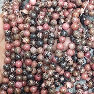 AAA Sakura Rhodonite Gemstone Beads: Natural Pink Round Beads, 13&quot; Strand