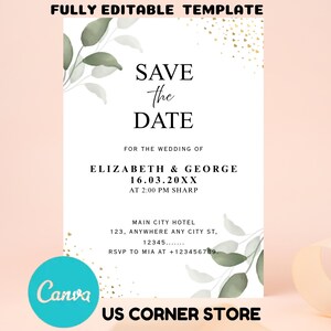 Save the Date Invite, Editable Wedding Invitation, Save Date Digital Invitation, Greenery & Gold, Save the Date Digital Template