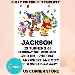 Editable Invitation | Printable Boy Birthday Invite, Electronic invitation | Instant Download | Birthday Invite template, winnie invitation