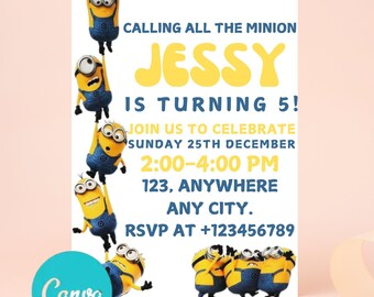 Invitación de cumpleaños amarilla editable / Invitación de cumpleaños para niños / Plantilla Canva para descarga digital