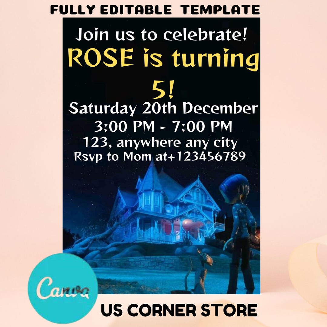 Editable Coraline Invitation Canva, Printable Coraline Birthday