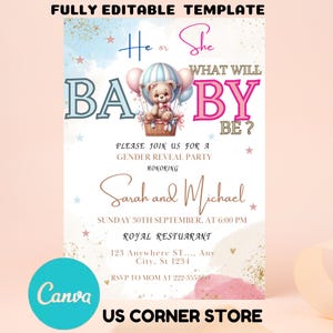 Bearbeitbare Bären-Ballons-Babyparty-Einladung, druckbare Oh-Baby-Teddybär-Babyparty-Einladung, geschlechtsneutraler Braunbär, DIGITALER DOWNLOAD